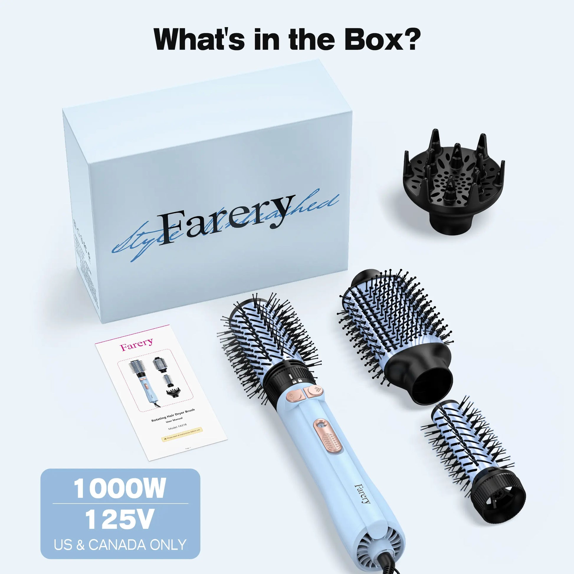 Farery Rotating Hot Air Brush Set 1000W — 4 in 1 Blow Dryer Brush Styler with Diffuser, Hold-To-Rotate round Brush for Volume, Smooth & Curl