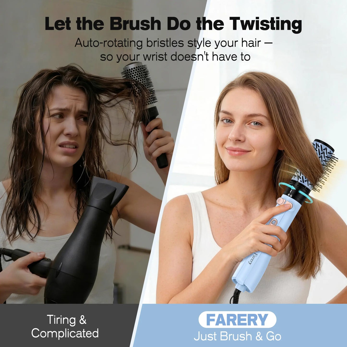 Farery Rotating Hot Air Brush Set 1000W — 4 in 1 Blow Dryer Brush Styler with Diffuser, Hold-To-Rotate round Brush for Volume, Smooth & Curl